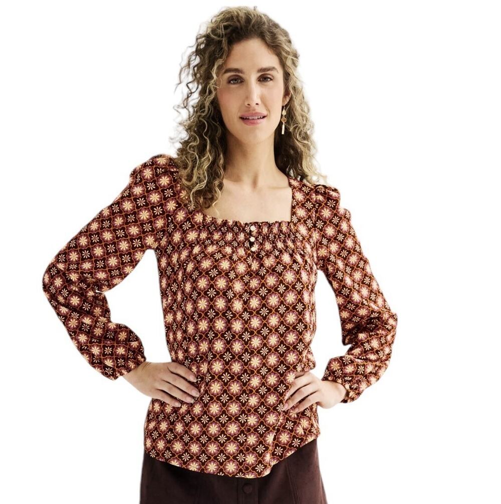 Draper James Plus Sz XL Allover Geo Print Long Sleeve Squareneck Blouse Work